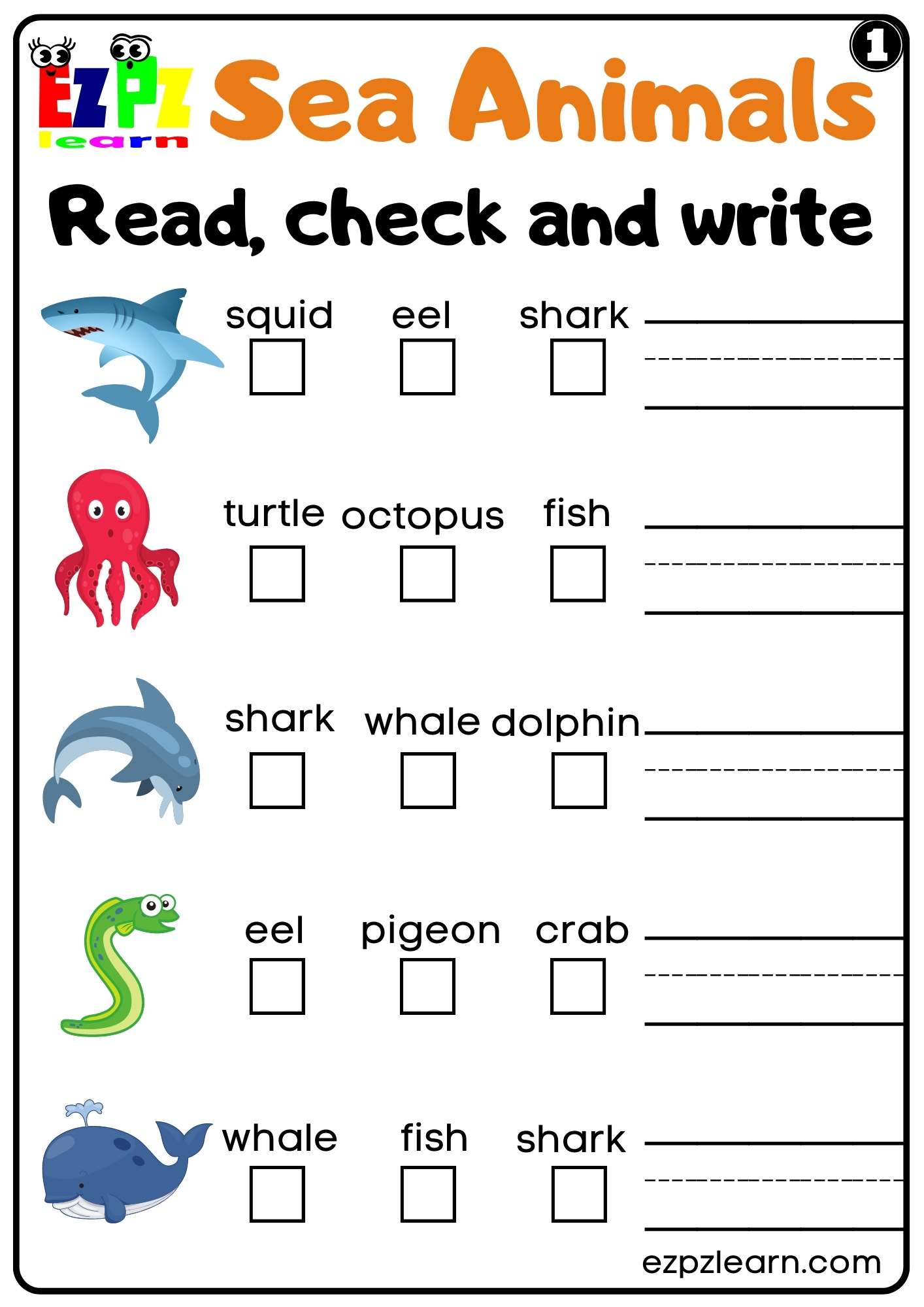 Sea Animals Read Check and Write Worksheet For Kids and ESL Set 1 Free PDF Download